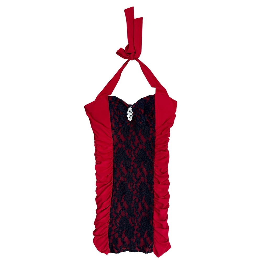 Vtg Red Black Lace Ruched Halter Mini Dress Rhinestone L sexy club formal party